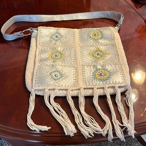 Embroidered VINTAGE crochet and Vinyl Fringed Shoulder Bag